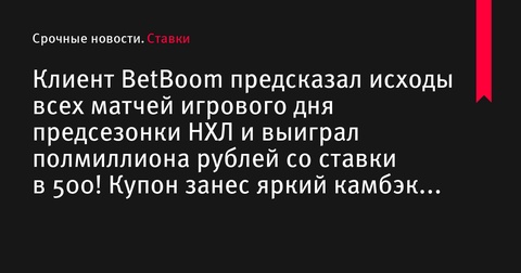 Клиент BetBoom выиграл полмиллиона рублей, предсказав исходы всех матчей предсезонки НХЛ